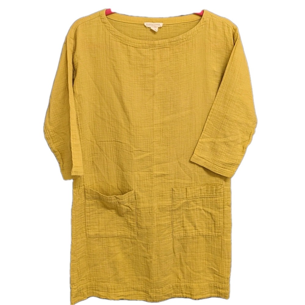 Eileen Fisher Petites Shift Dress Marigold‎ Yellow Organic Cotton Gauze PP/PTP